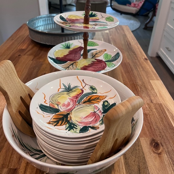 Vintage Hand Painted Japan Fruit Salad Bowl Set 14 Plates are listed sep d/t wt - Picture 2 of 9